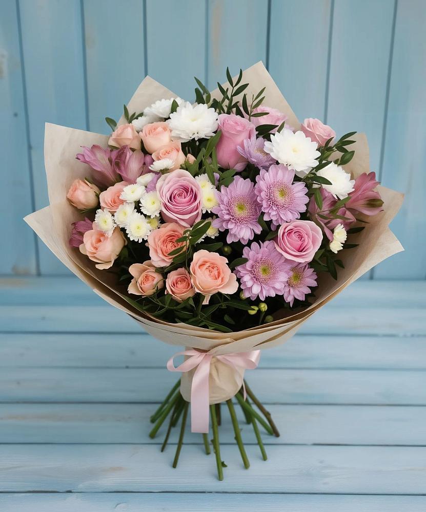 Букет цветов из: Хризантемы, Розы и Альстромерии в Малиновом озере