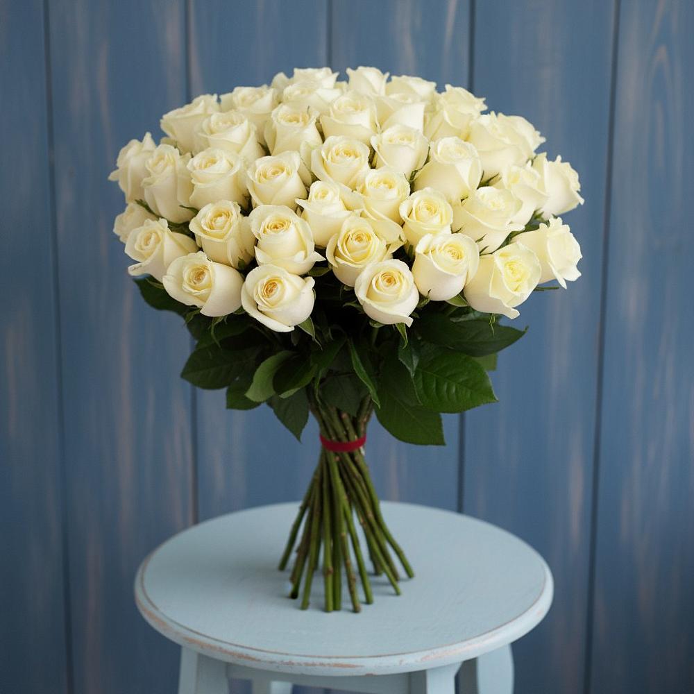 Букет 51 Белая роза Эдлесс Лав в Малиновом озере