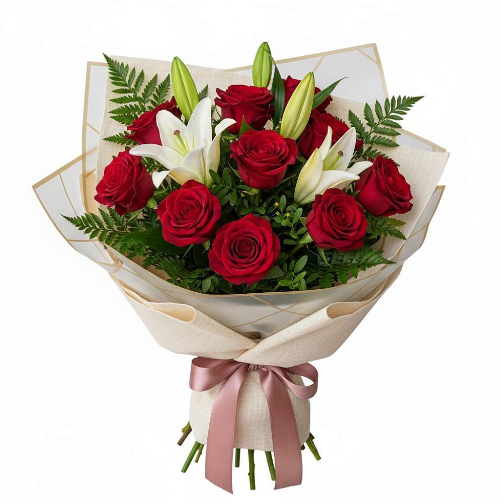 Букет цветов из: Лилии и Розы в Малиновом озере