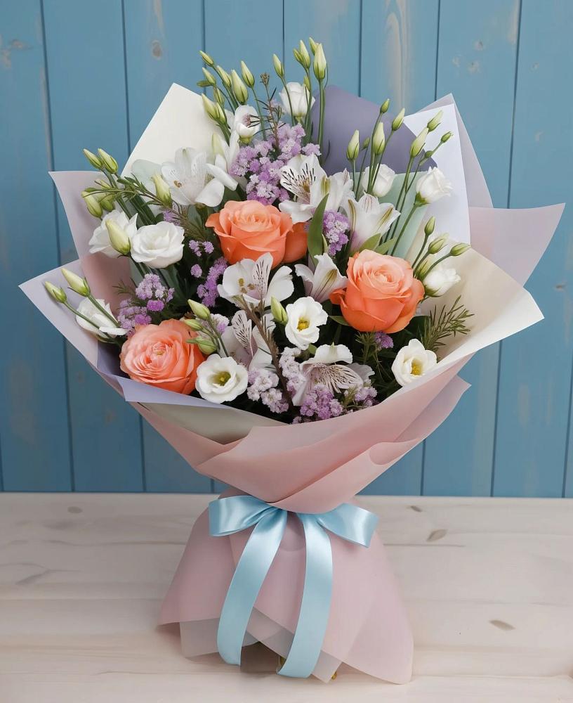 Букет цветов из: Лизиантусы, Розы, Альстромерии и Гипсофила в Малиновом озере