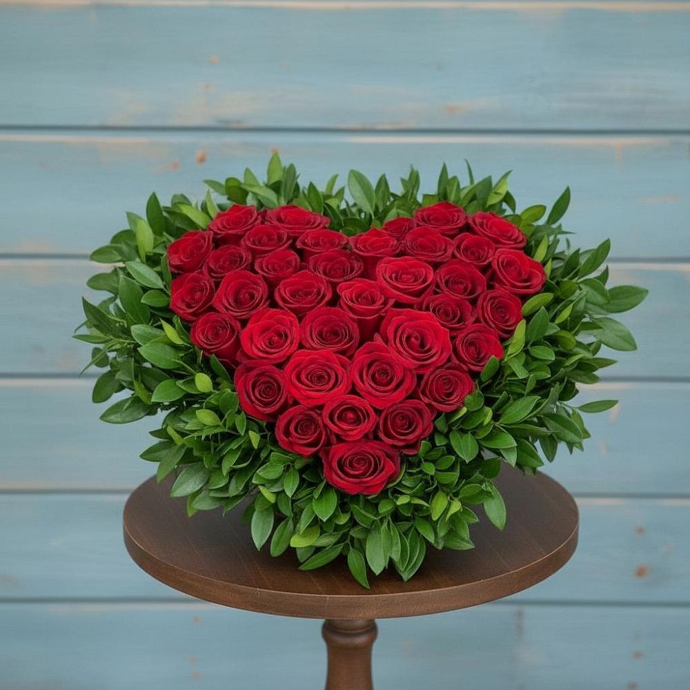 Цветочная композиция из Розы в виде сердца в Малиновом озере