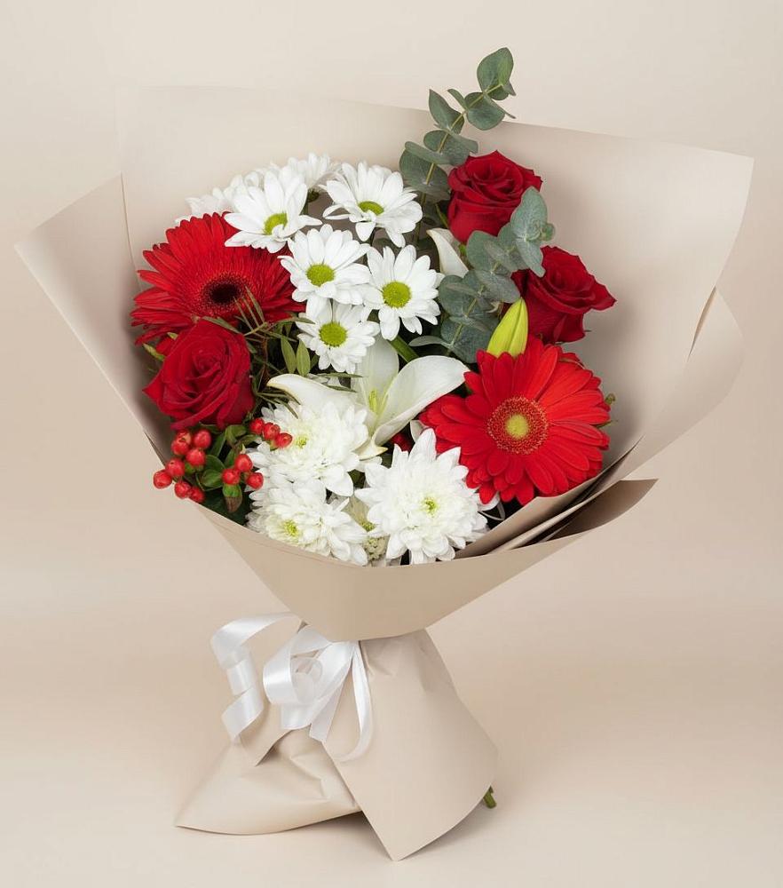 Букет цветов из: Розы, Хризантемы, Герберы и Лилии в Малиновом озере