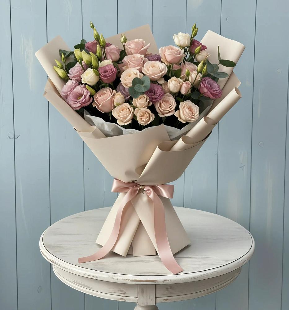 Букет цветов из: Розы и Лизиантусы в Малиновом озере