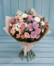 Букет цветов из:  Хризантемы, Розы и Альстромерии в Малиновом озере